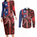 Aotearoa Iwi Ngapuhi Couples Matching Long Sleeve Bodycon Dress and Long Sleeve Button Shirt Tuhoronuku Kite United Tribes Flag Maori Pattern