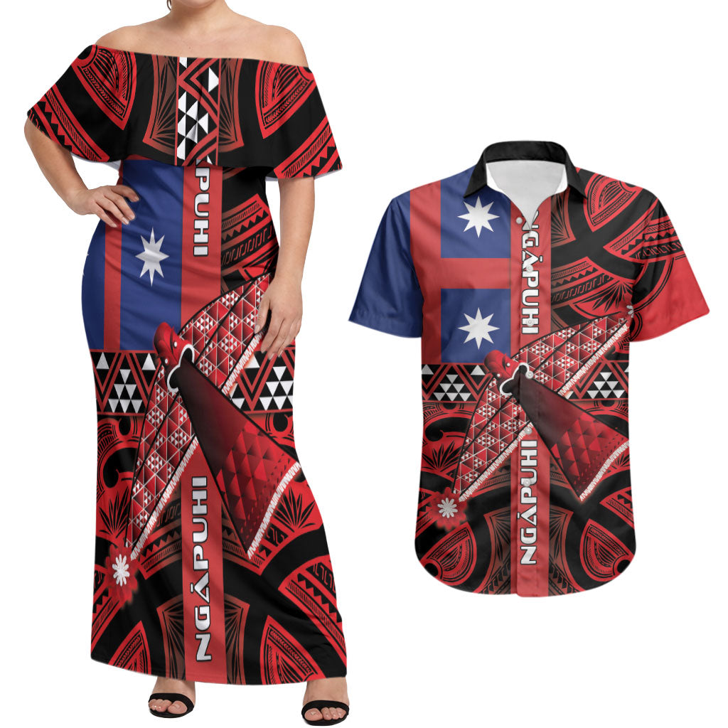 Aotearoa Iwi Ngapuhi Couples Matching Off Shoulder Maxi Dress and Hawaiian Shirt Tuhoronuku Kite United Tribes Flag Maori Pattern