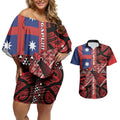 Aotearoa Iwi Ngapuhi Couples Matching Off Shoulder Short Dress and Hawaiian Shirt Tuhoronuku Kite United Tribes Flag Maori Pattern