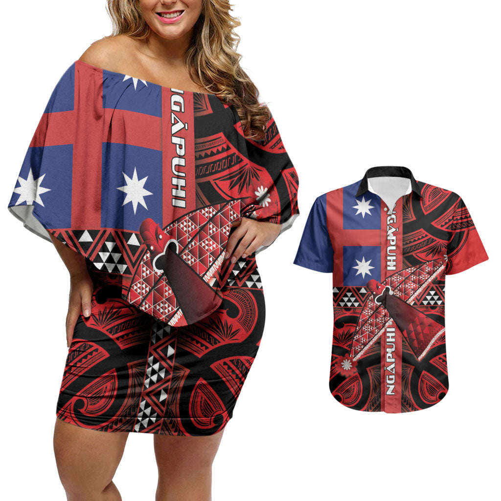 Aotearoa Iwi Ngapuhi Couples Matching Off Shoulder Short Dress and Hawaiian Shirt Tuhoronuku Kite United Tribes Flag Maori Pattern