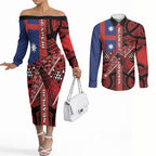 Aotearoa Iwi Ngapuhi Couples Matching Off The Shoulder Long Sleeve Dress and Long Sleeve Button Shirt Tuhoronuku Kite United Tribes Flag Maori Pattern