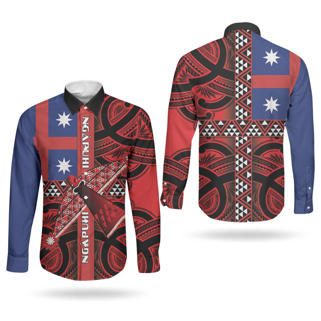 Aotearoa Iwi Ngapuhi Couples Matching Off The Shoulder Long Sleeve Dress and Long Sleeve Button Shirt Tuhoronuku Kite United Tribes Flag Maori Pattern