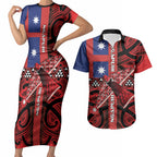 Aotearoa Iwi Ngapuhi Couples Matching Short Sleeve Bodycon Dress and Hawaiian Shirt Tuhoronuku Kite United Tribes Flag Maori Pattern