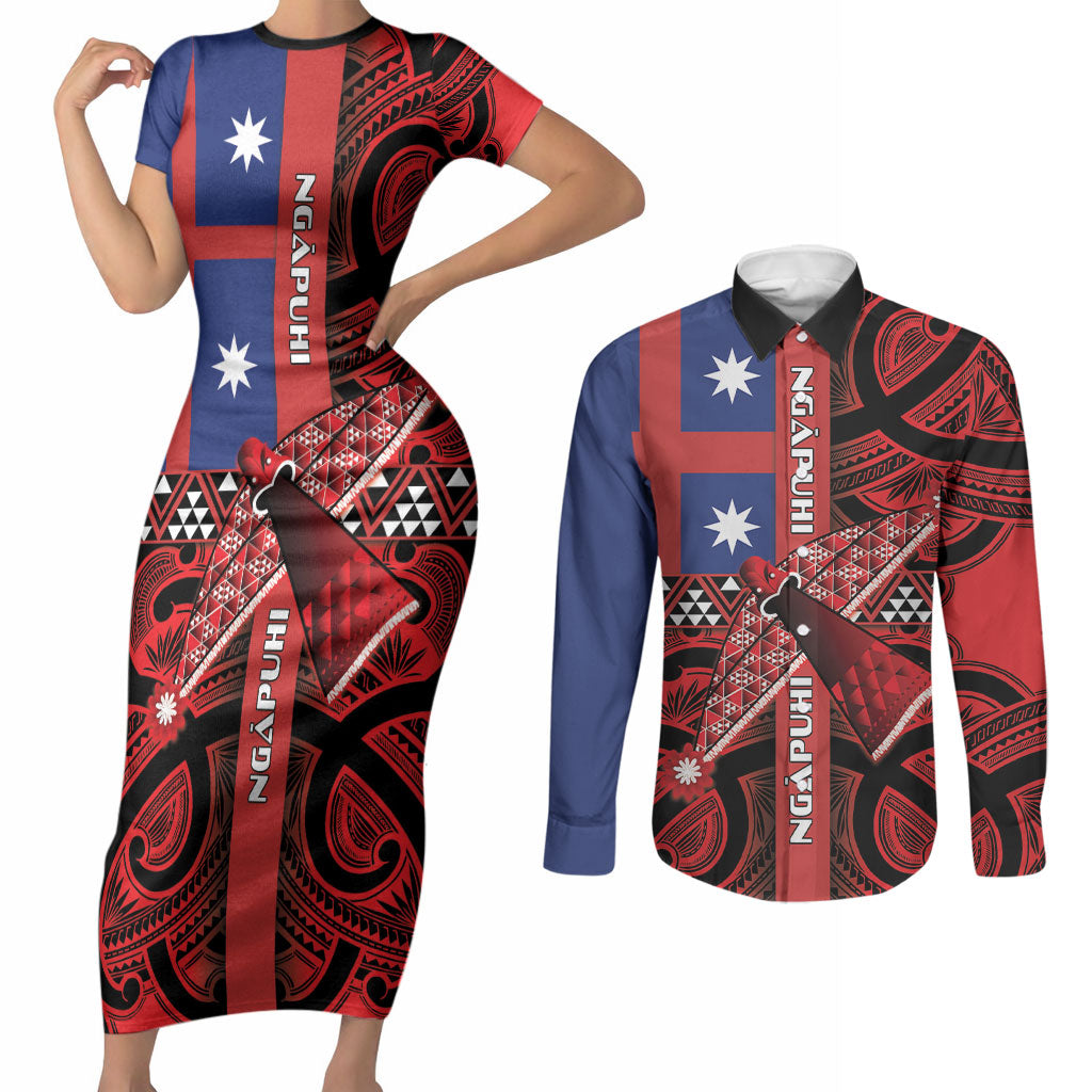 Aotearoa Iwi Ngapuhi Couples Matching Short Sleeve Bodycon Dress and Long Sleeve Button Shirt Tuhoronuku Kite United Tribes Flag Maori Pattern