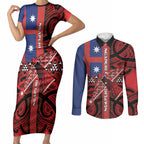 Aotearoa Iwi Ngapuhi Couples Matching Short Sleeve Bodycon Dress and Long Sleeve Button Shirt Tuhoronuku Kite United Tribes Flag Maori Pattern