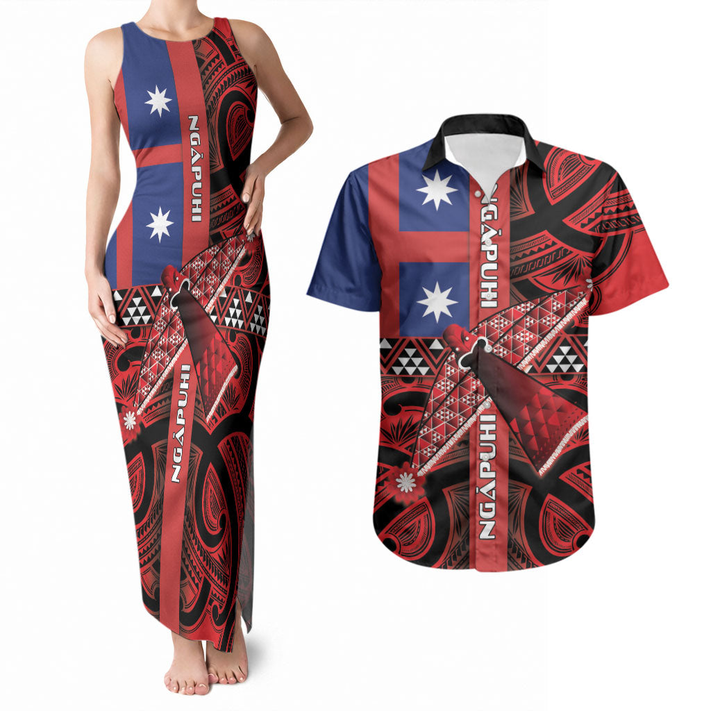 Aotearoa Iwi Ngapuhi Couples Matching Tank Maxi Dress and Hawaiian Shirt Tuhoronuku Kite United Tribes Flag Maori Pattern
