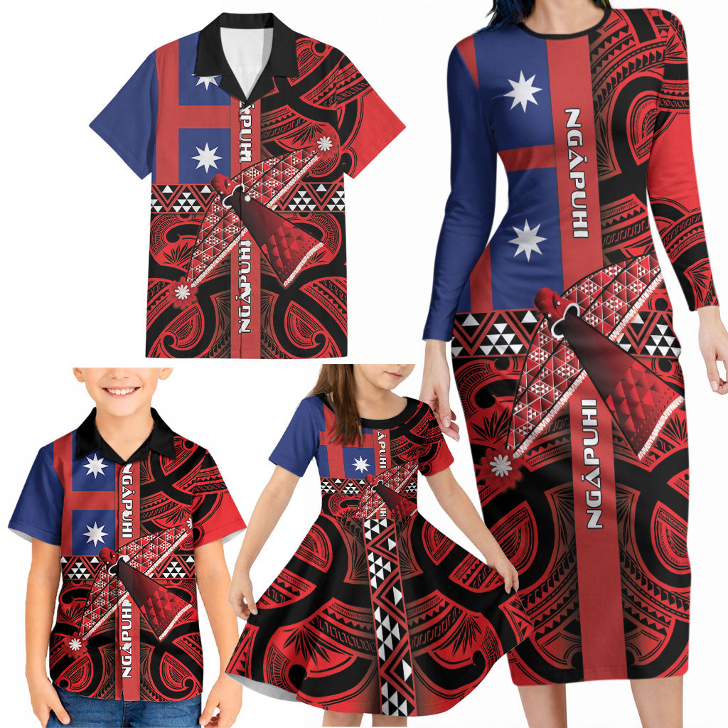 Aotearoa Iwi Ngapuhi Family Matching Long Sleeve Bodycon Dress and Hawaiian Shirt Tuhoronuku Kite United Tribes Flag Maori Pattern