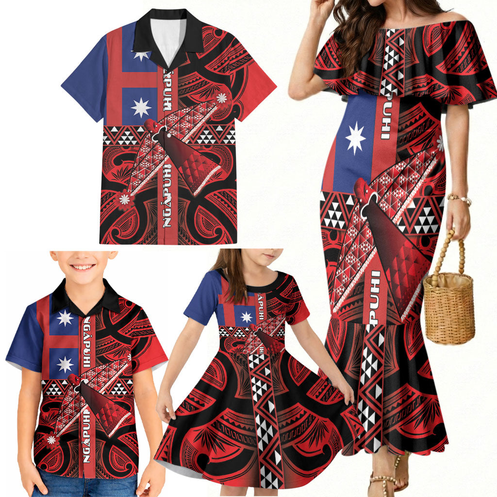 Aotearoa Iwi Ngapuhi Family Matching Mermaid Dress and Hawaiian Shirt Tuhoronuku Kite United Tribes Flag Maori Pattern