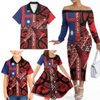 Aotearoa Iwi Ngapuhi Family Matching Off The Shoulder Long Sleeve Dress and Hawaiian Shirt Tuhoronuku Kite United Tribes Flag Maori Pattern