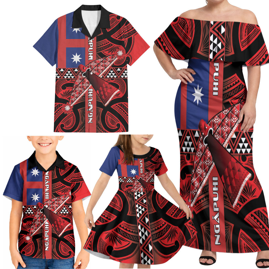Aotearoa Iwi Ngapuhi Family Matching Off Shoulder Maxi Dress and Hawaiian Shirt Tuhoronuku Kite United Tribes Flag Maori Pattern