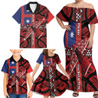 Aotearoa Iwi Ngapuhi Family Matching Off Shoulder Maxi Dress and Hawaiian Shirt Tuhoronuku Kite United Tribes Flag Maori Pattern