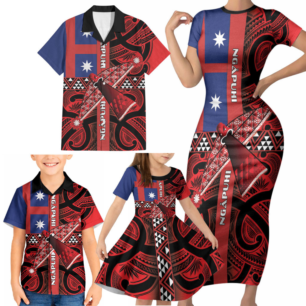 Aotearoa Iwi Ngapuhi Family Matching Short Sleeve Bodycon Dress and Hawaiian Shirt Tuhoronuku Kite United Tribes Flag Maori Pattern