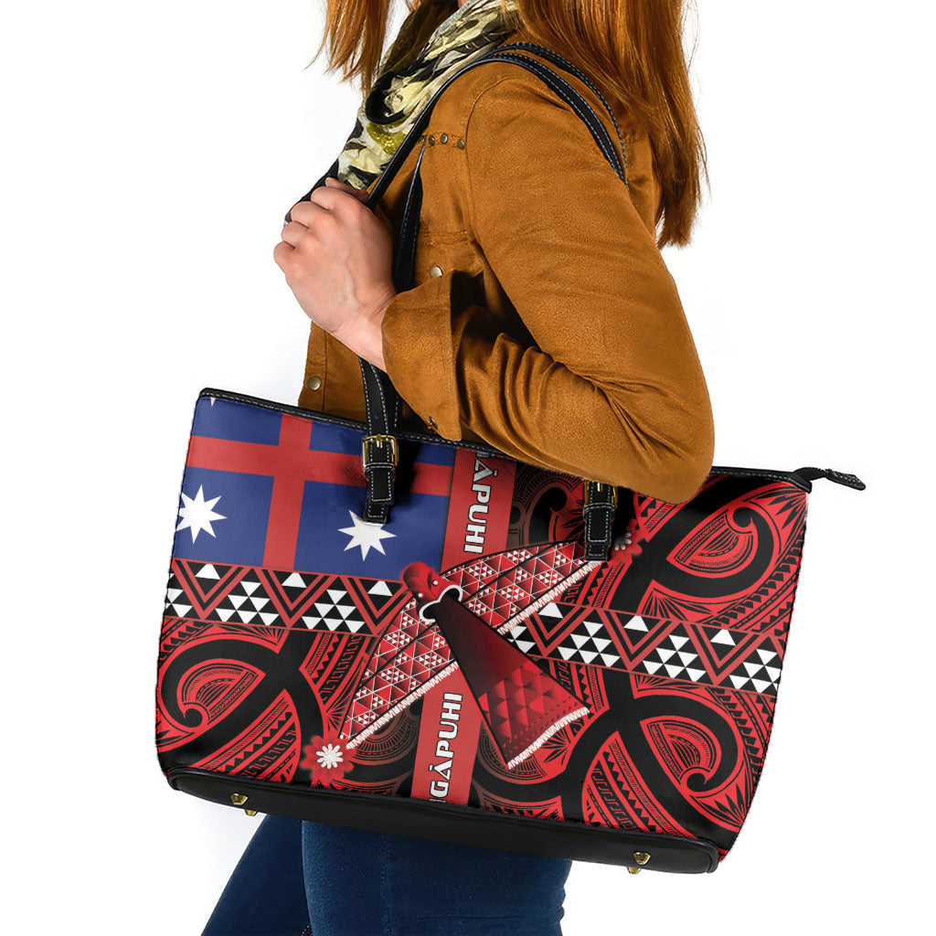 Aotearoa Iwi Ngapuhi Leather Tote Bag Tuhoronuku Kite United Tribes Flag Maori Pattern