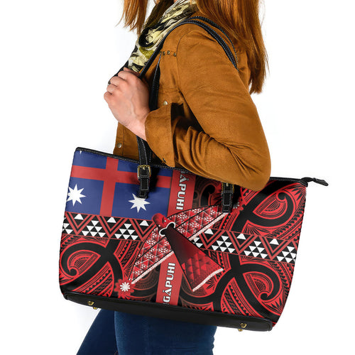 Aotearoa Iwi Ngapuhi Leather Tote Bag Tuhoronuku Kite United Tribes Flag Maori Pattern