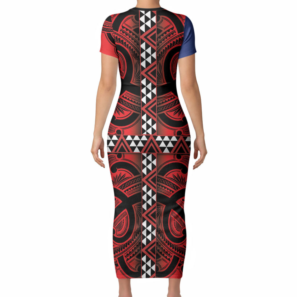 Aotearoa Iwi Ngapuhi Short Sleeve Bodycon Dress Tuhoronuku Kite United Tribes Flag Maori Pattern