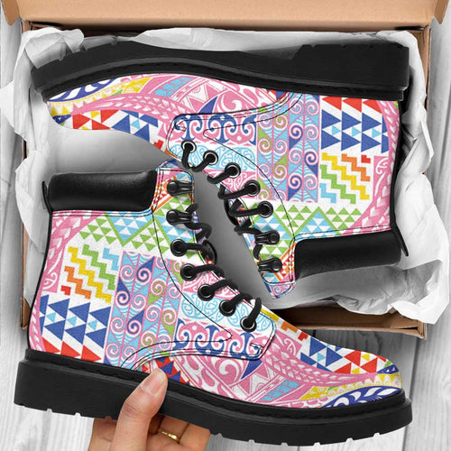 Maori Kowhaiwhai Taniko Patchwork Rainbow Motifs All Season Boots