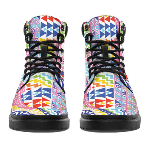 Maori Kowhaiwhai Taniko Patchwork Rainbow Motifs All Season Boots