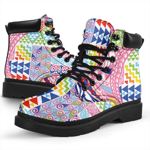 Maori Kowhaiwhai Taniko Patchwork Rainbow Motifs All Season Boots
