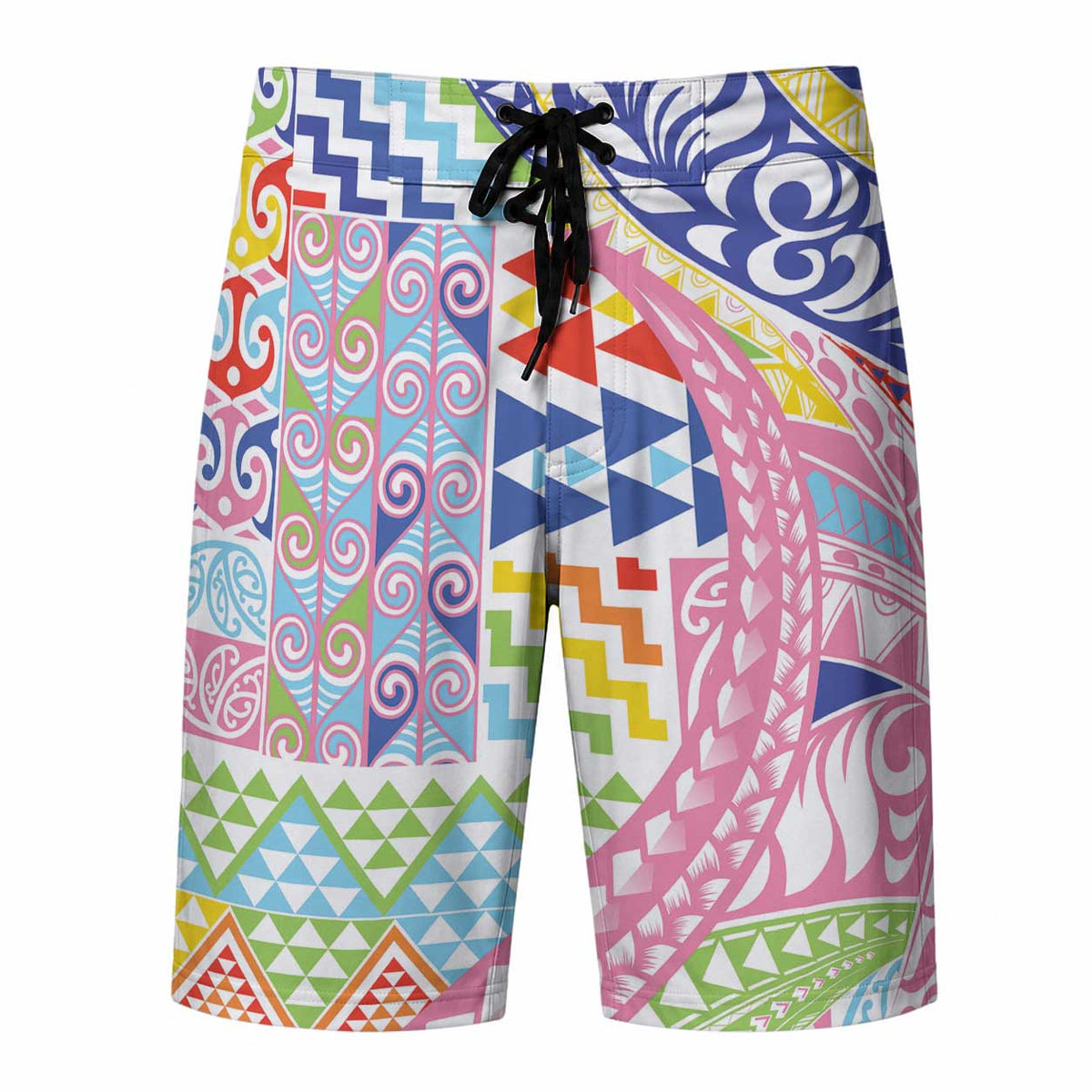 Maori Kowhaiwhai Taniko Patchwork Rainbow Motifs Board Shorts