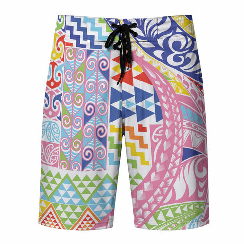 Maori Kowhaiwhai Taniko Patchwork Rainbow Motifs Board Shorts