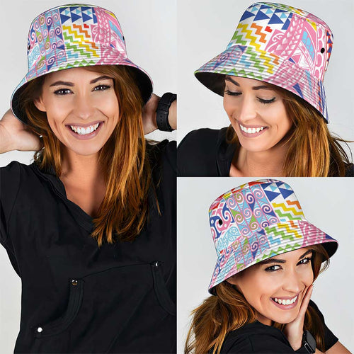 Maori Kowhaiwhai Taniko Patchwork Rainbow Motifs Bucket Hat