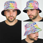 Maori Kowhaiwhai Taniko Patchwork Rainbow Motifs Bucket Hat