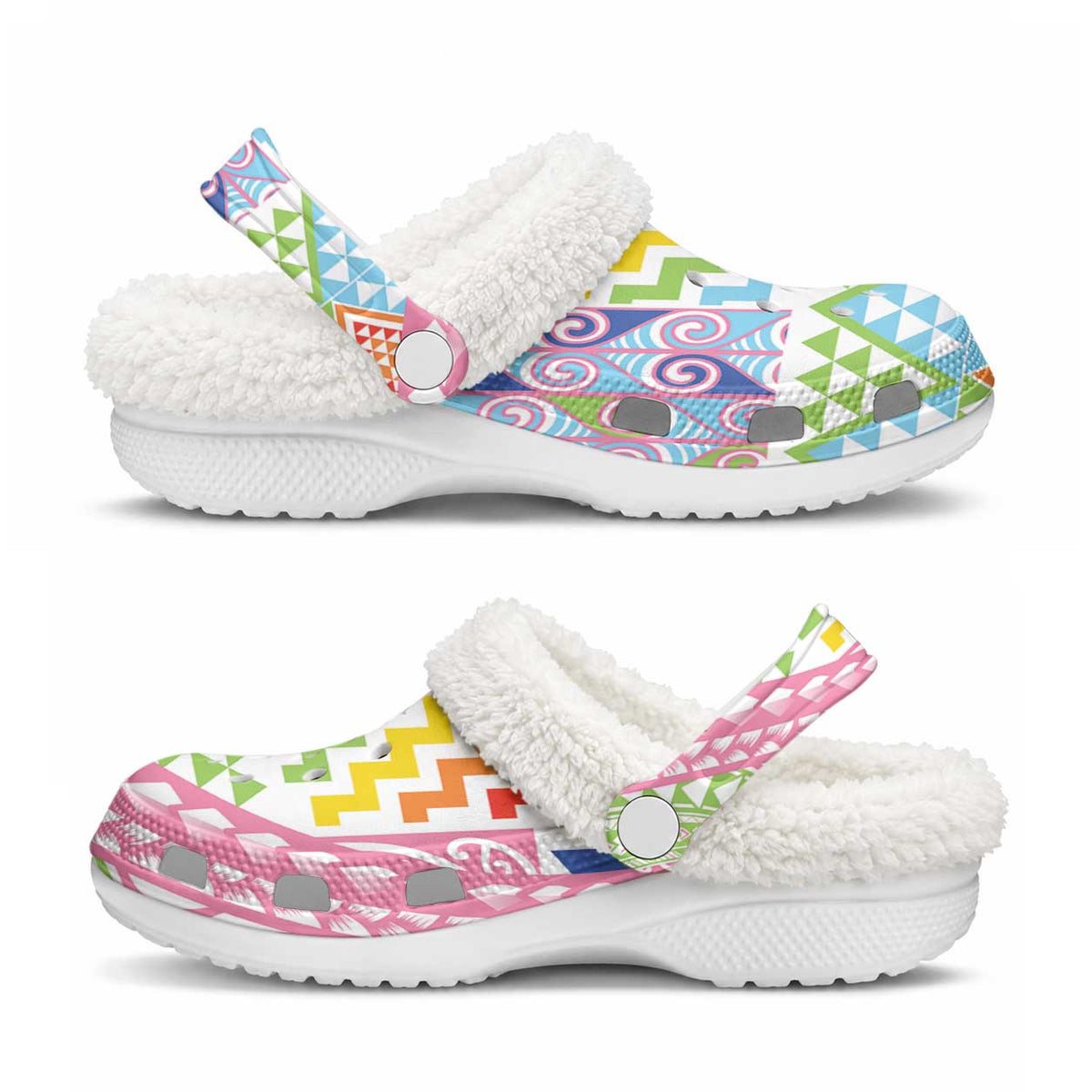 Maori Kowhaiwhai Taniko Patchwork Rainbow Motifs Fleece Clogs