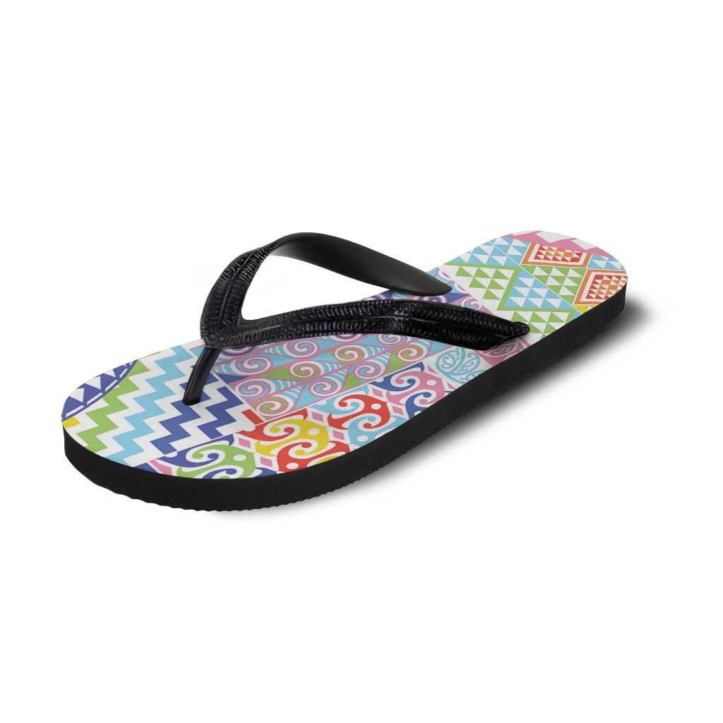 Maori Kowhaiwhai Taniko Patchwork Rainbow Motifs Flip Flops