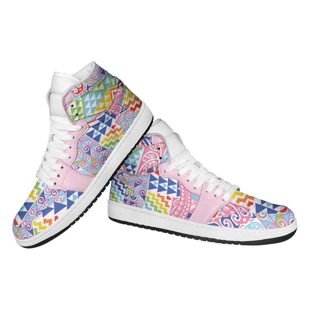 Maori Kowhaiwhai Taniko Patchwork Rainbow Motifs High Sneakers AJ1