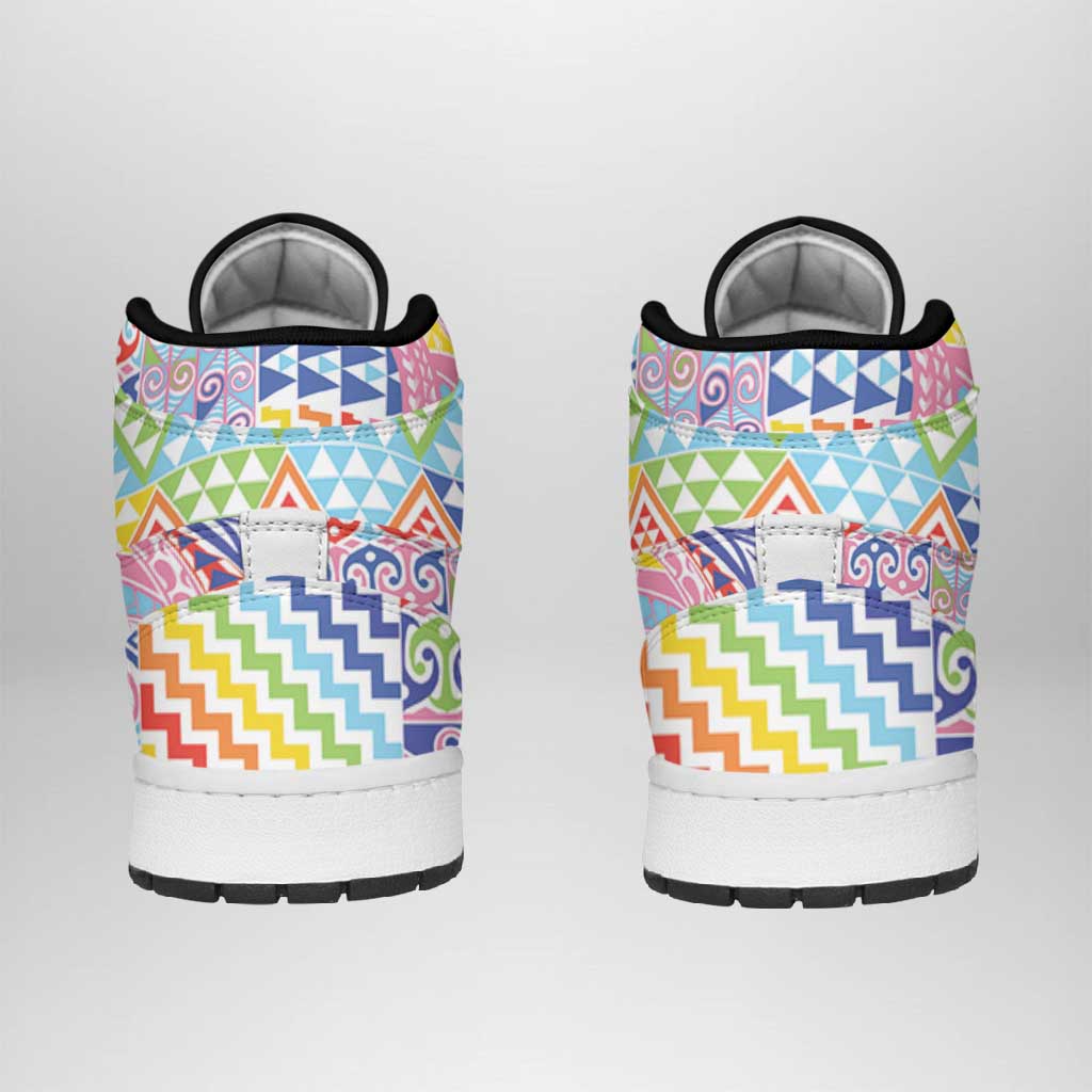 Maori Kowhaiwhai Taniko Patchwork Rainbow Motifs High Sneakers AJ1