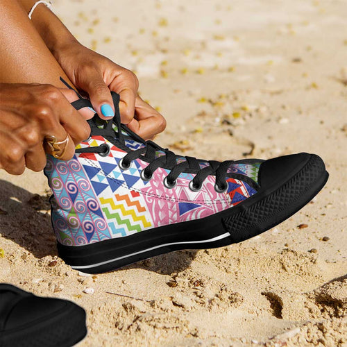Maori Kowhaiwhai Taniko Patchwork Rainbow Motifs High Top Shoes