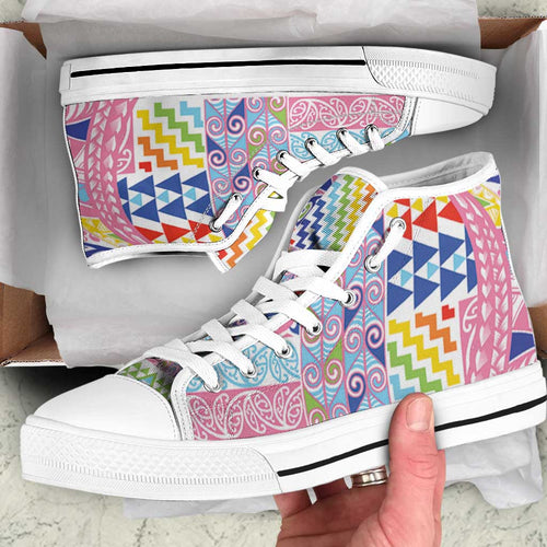 Maori Kowhaiwhai Taniko Patchwork Rainbow Motifs High Top Shoes