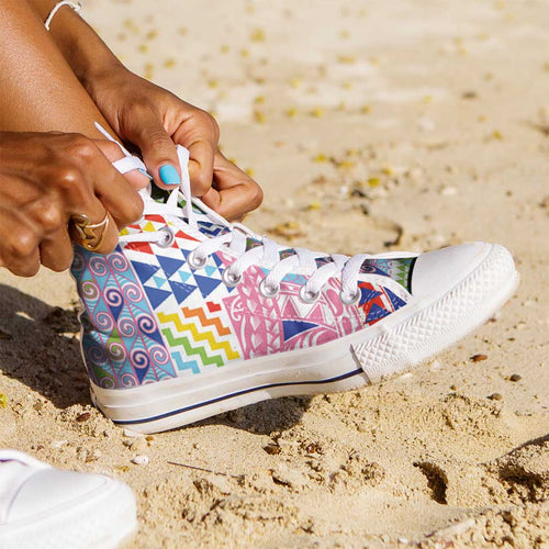 Maori Kowhaiwhai Taniko Patchwork Rainbow Motifs High Top Shoes