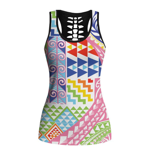 Maori Kowhaiwhai Taniko Patchwork Rainbow Motifs Hollow Tank Top