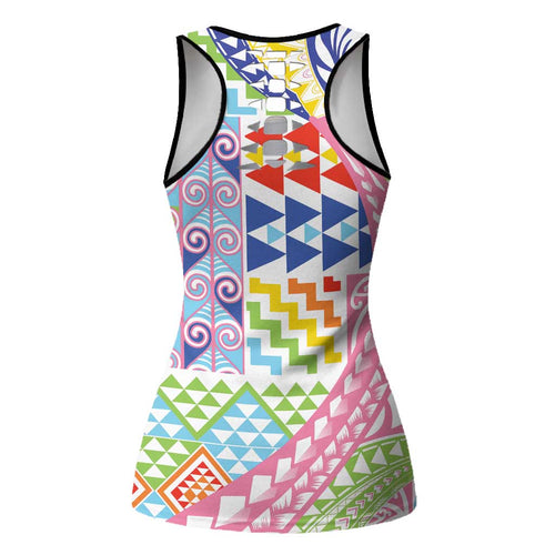 Maori Kowhaiwhai Taniko Patchwork Rainbow Motifs Hollow Tank Top