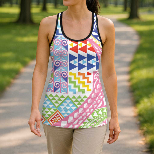 Maori Kowhaiwhai Taniko Patchwork Rainbow Motifs Hollow Tank Top