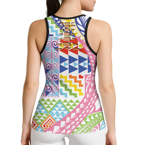 Maori Kowhaiwhai Taniko Patchwork Rainbow Motifs Hollow Tank Top
