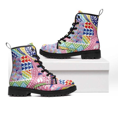 Maori Kowhaiwhai Taniko Patchwork Rainbow Motifs Leather Boots