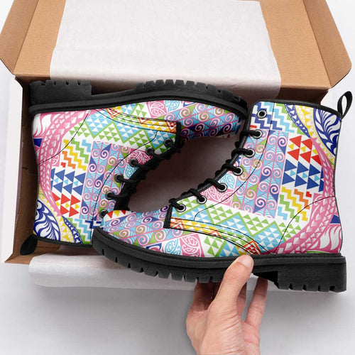 Maori Kowhaiwhai Taniko Patchwork Rainbow Motifs Leather Boots