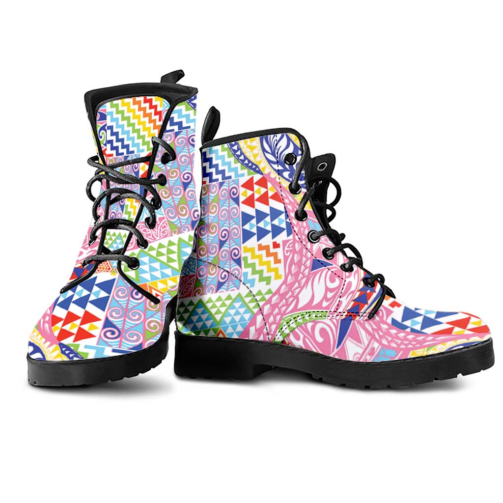 Maori Kowhaiwhai Taniko Patchwork Rainbow Motifs Leather Boots