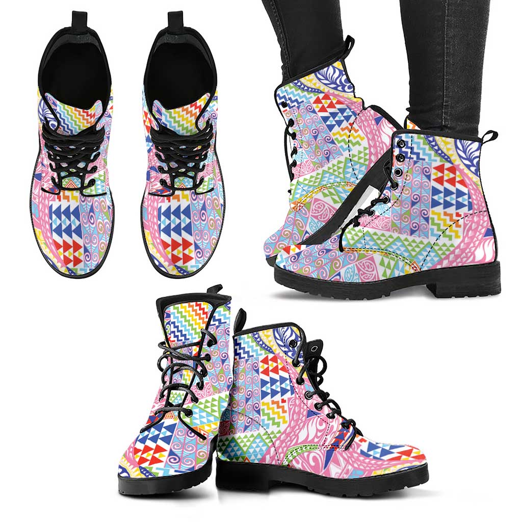 Maori Kowhaiwhai Taniko Patchwork Rainbow Motifs Leather Boots