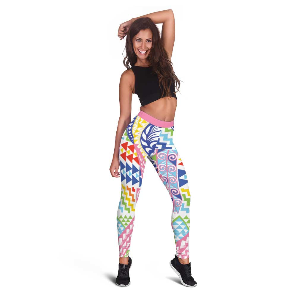 Maori Kowhaiwhai Taniko Patchwork Rainbow Motifs Leggings