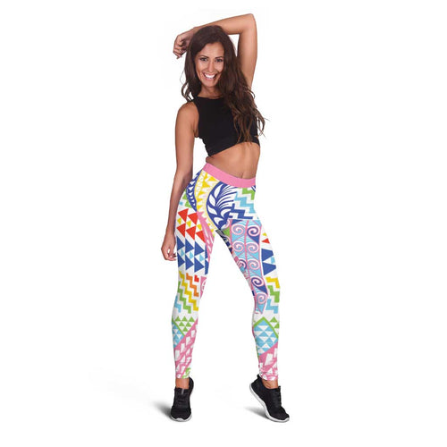 Maori Kowhaiwhai Taniko Patchwork Rainbow Motifs Leggings
