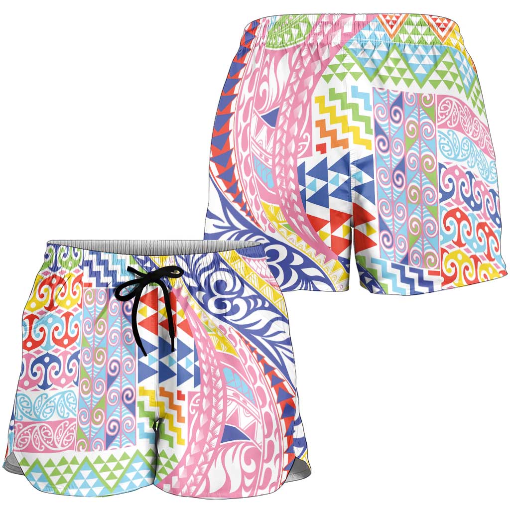 Maori Kowhaiwhai Taniko Patchwork Rainbow Motifs Shorts for Women