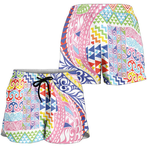 Maori Kowhaiwhai Taniko Patchwork Rainbow Motifs Shorts for Women