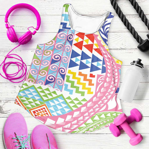 Maori Kowhaiwhai Taniko Patchwork Rainbow Motifs Women Racerback Tank
