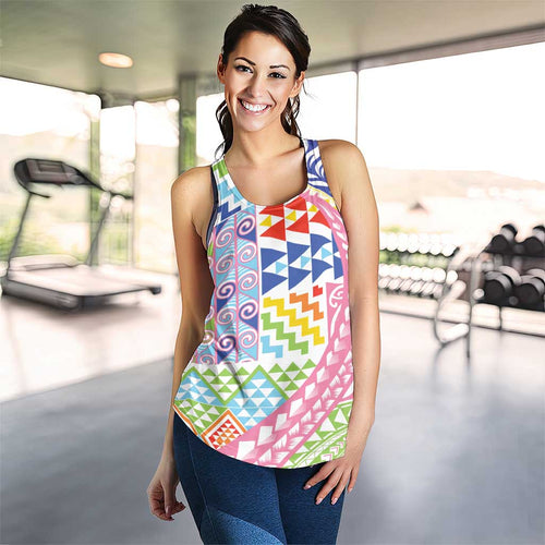 Maori Kowhaiwhai Taniko Patchwork Rainbow Motifs Women Racerback Tank