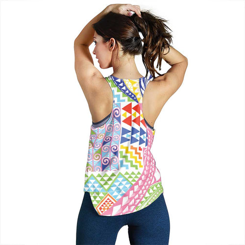 Maori Kowhaiwhai Taniko Patchwork Rainbow Motifs Women Racerback Tank