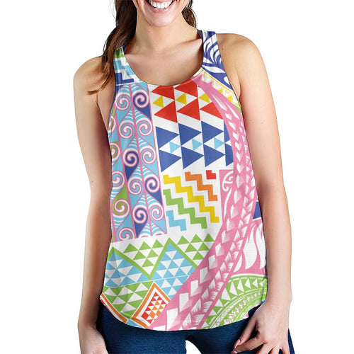 Maori Kowhaiwhai Taniko Patchwork Rainbow Motifs Women Racerback Tank