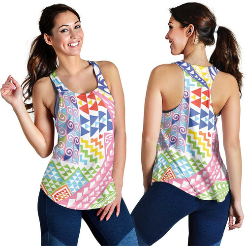 Maori Kowhaiwhai Taniko Patchwork Rainbow Motifs Women Racerback Tank